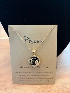 Pisces Gold Tone Zodiac Pendant Necklace - Black Enamel